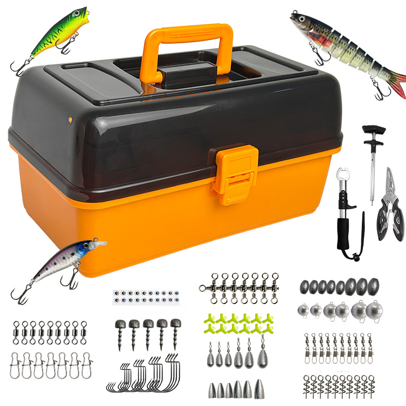 Fishing Hook Box - Großes Vierschichtiges Outdoor-Angelset mit Weichködern, Bleikopfhaken,